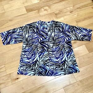 Marina rinaldi Blue and Black top Leaf Print button down cotton blouse size 14